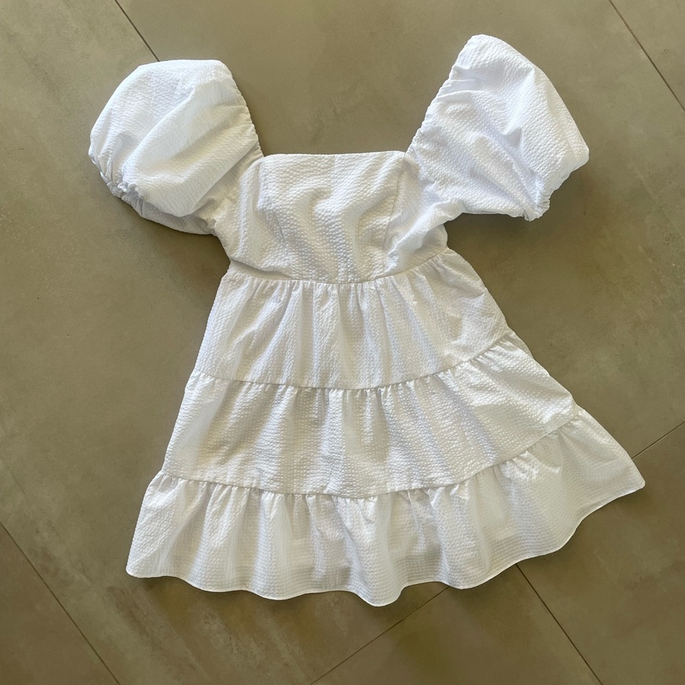Melrose and Market White Puff Sleeve Tiered Mini Dress - Size S